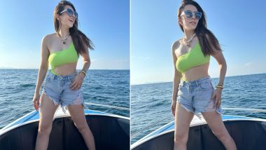 Hansika Motwani Stuns in Neon Bodysuit Top Paired With Denim Shorts on a Yacht (View Pics)